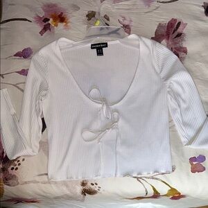 White Ribbed Tie-Front Cardigan Top